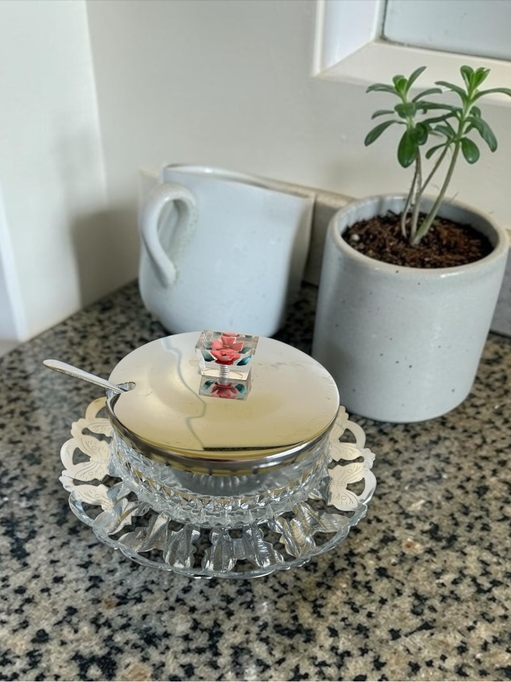 Vintage Zimco Glass Jam Pot & Reticulated Butterfly Condiment Tray Set